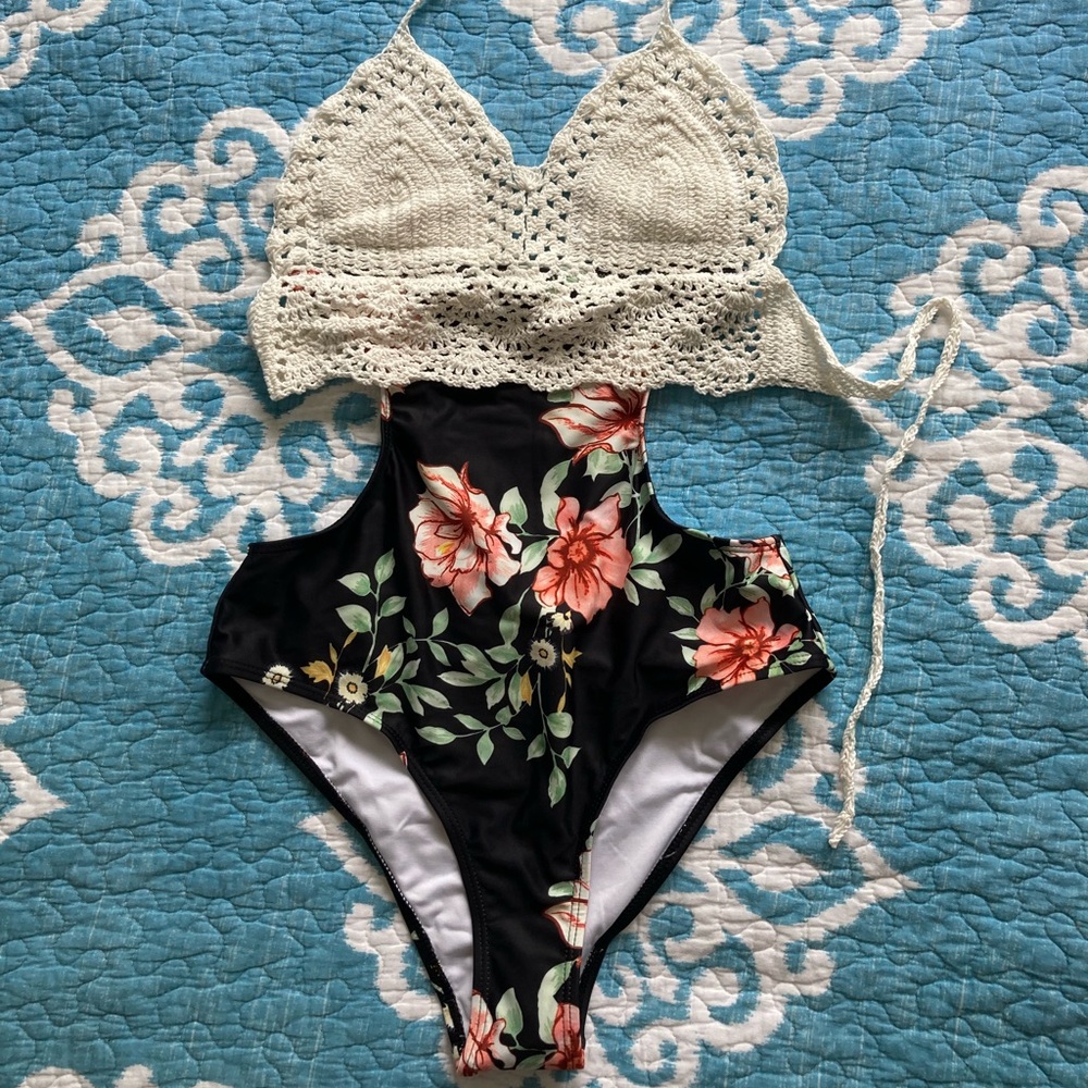 Women’s crochet and floral swimsuit.
